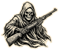 Skeletal Figure Menacing Cloaked Skull Rifle Sticker