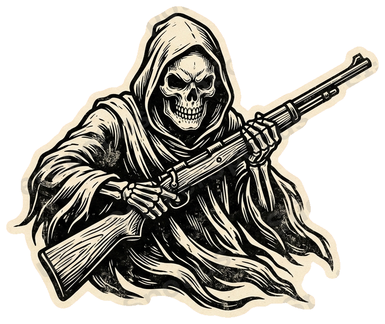 Skeletal Figure Menacing Cloaked Skull Rifle Sticker
