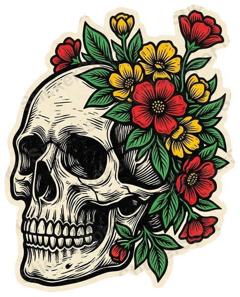 Skull Flowers Artistic Floral Design Sticker