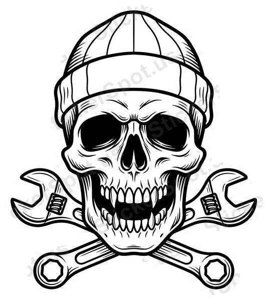 Skull Wrenches Edgy Tattoo Line Art Sticker