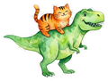Playful Cat Riding T-Rex Watercolor Art