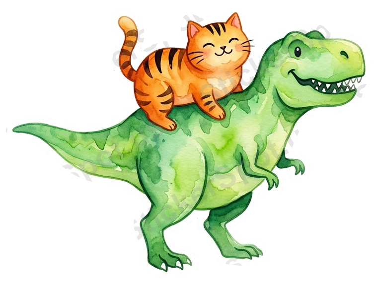 Playful Cat Riding T-Rex Watercolor Art