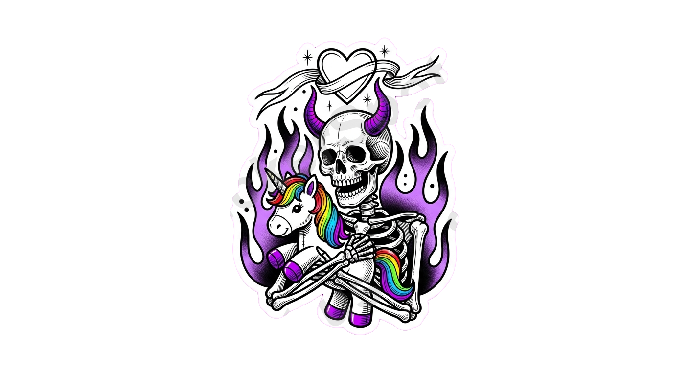 Whimsical Skeleton Edgy Tattoo Unicorn Sticker