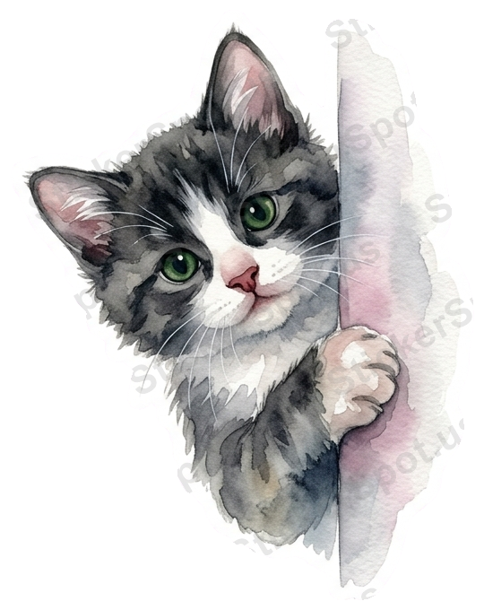 Peeking Gray Tabby Kitten Watercolor Cat Art